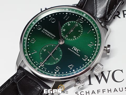 IWC 萬國 Portuguese Chronograph 葡萄牙 計時碼錶 IW371615 放射紋綠色面盤 不鏽鋼 2024年保單 最新款透明底蓋 自動上鍊 41mm