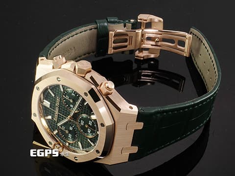 Audemars Piguet 愛彼 AP錶 Royal Oak Chronograph 皇家橡樹 18K玫瑰金材質&nbsp;26240OR.OO.D404CR.02 軍綠色「Grande Tapisserie」格紋面盤&nbsp;飛返 計時碼表 2025年保單 自動上鍊 41mm