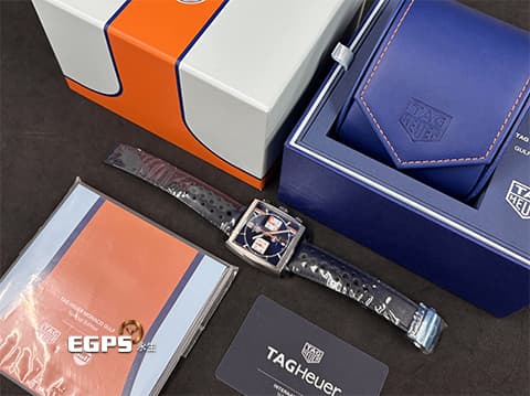 TAG HEUER 豪雅 MONACO 摩納哥 GULF特別版腕錶 CBL2115.FC6494 不鏽鋼材質 GULF線條&nbsp;藍色放射性太陽紋面盤&nbsp; 計時碼錶&nbsp;2023年保卡&nbsp;自動上鍊 39mm