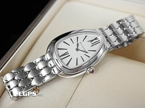 BVLGARI 寶格麗 Serpenti Seduttori系列 103937 銀白色面盤搭配羅馬數字時標&nbsp;經典&nbsp;六角形蛇鱗鍊節錶帶&nbsp;不鏽鋼材質&nbsp;2026年保單&nbsp;石英機芯 33mm