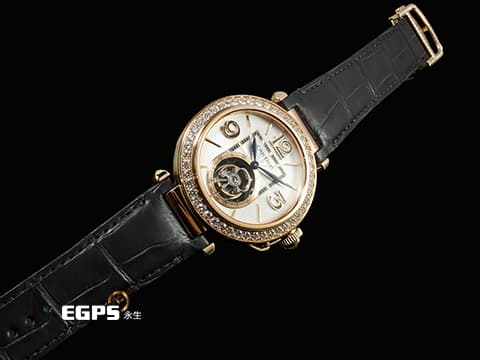 CARTIER 卡地亞 Pasha de Cartier HPI01575 18K玫瑰金材質 陀飛輪 錶冠鑲嵌0.36克拉 錶圈鑲嵌47顆(共1.98克拉)&nbsp;&nbsp;2026年保卡 新式「QuickSwitch」錶帶快拆系統 附皮革錶帶 新錶訂價：約3,480,000元&nbsp;自動上鍊 35.1mm