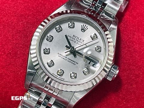 ROLEX 勞力士 Datejust 79174 銀灰色面盤 原廠鑽石時標 18K白金三角坑紋圈 904L不鏽鋼材質&nbsp;&nbsp;自動上鍊蠔式女錶 26mm