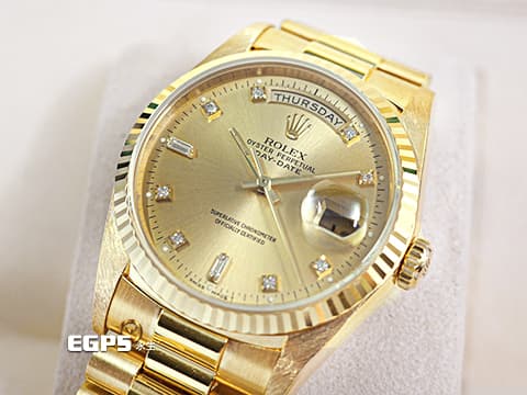 ROLEX 勞力士 Day-Date 36 蠔式 星期日曆型 18238A 18K黃金材質&nbsp;原廠鑽石時標 皇帝金色面盤&nbsp;DD36 經典三角坑紋錶圈&nbsp;元首型（President）錶帶 總統帶 自動上鍊 36mm