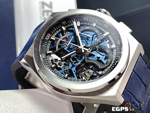 ZENITH 真力時 Defy El Primero 21 高振頻 1/100秒 計時碼錶 95.9002.9004/78.R582 藍色鏤空面盤 鈦金屬材質&nbsp;2025年保卡 台灣公司貨&nbsp;自動上鍊 44mm