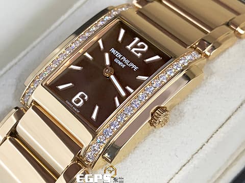 PATEK PHILIPPE 百達翡麗 PP錶 Twenty-4系列 4910/1201R-001 巧克力棕色日輝紋面盤 玫瑰金材質 原廠鑲鑽 2023年台灣公司貨 4910 石英女錶 25x30 mm