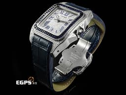 CARTIER 卡地亞 Santos 100 山度士 大型 經典 不鏽鋼材質  <font color="#0582f5"> 精鑲藍色寶石錶圈</font><font color="#FF0000"> </font><font color="#05f0f0">精鑲真鑽漫天星面盤、錶殼</font>&nbsp;自動上鍊 41mm