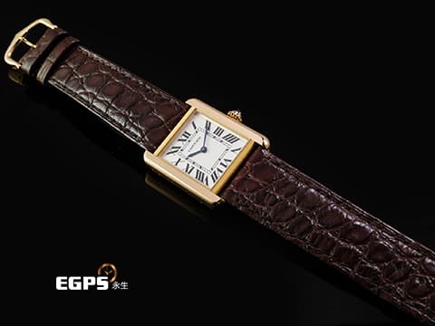 CARTIER 卡地亞 經典 坦克 TANK MUST 小型款 W5200024 18K玫瑰金材質&nbsp;圓珠形錶冠鑲嵌1顆凸圓形藍色合成尖晶石 石英機芯 31 x 24.4mm