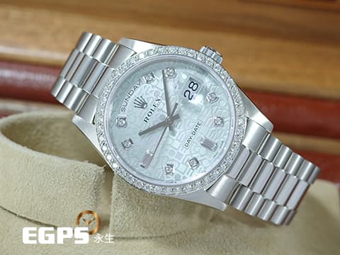 ROLEX 勞力士 Day-Date 蠔式 星期日曆型 18346&nbsp;原廠鑽圈、鑽石時標 冰藍色浮雕紀念面&nbsp;PT950 鉑金材質 經典 DD36 元首型（President）錶帶 總統帶&nbsp;勞力士服務中心保養完成 保固至2028年 附原廠保養卡&nbsp;自動上鏈 36mm