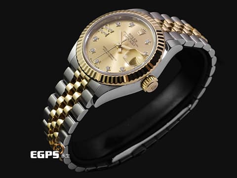 ROLEX 勞力士 Lady Date-Just 279173 DJ28 不鏽鋼&amp;18K黃金半金材質  香檳金色面盤 原廠星形鑽石時標 鑲8顆鑽石的18K金羅馬數字IX 2025年保卡 自動上鍊 28mm