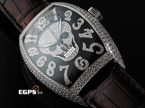 Franck Muller FM 法蘭穆勒 FM 8880 SC GOTH NBR D CD 酒桶型 18K白金材質 原廠鑲嵌鑽石錶殼、骷髏頭圖案面盤、立體經典阿拉伯數字時標 自動上鏈 44x54mm