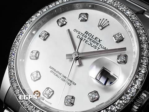 ROLEX 勞力士 DATEJUST 36 蠔式日誌型 126284RBR 白色珍珠貝母面盤 原廠鑲鑽外圈 鑽石時標 2025年新式保卡&nbsp;自動上鍊 36mm