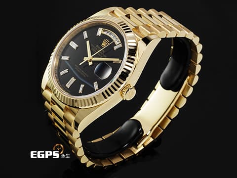 ROLEX 勞力士 DAY-DATE 40 DD 蠔式星期日誌型 228238 18K黃金材質 2025年最新款 鑲鑽縞瑪瑙面盤俗鷹眼面盤/2025年新式保卡 自動上鏈 40mm