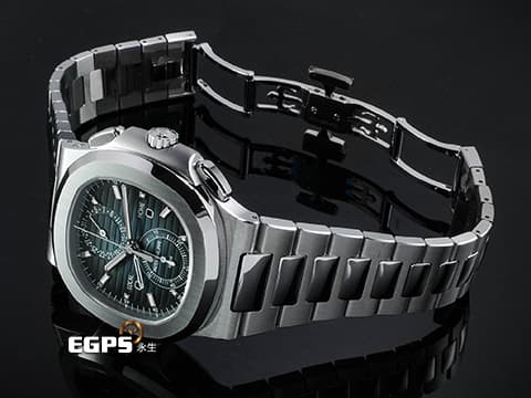 Patek Philippe 百達翡麗 PP錶 Nautilus Travel Time Flyback Chronograph 金鷹 鸚鵡螺 5990/1A-011&nbsp;藍色漸層橫條紋面盤&nbsp;兩地時區 飛返 計時碼錶 不鏽鋼 新一代鋼王&nbsp;2026年保單&nbsp;自動上鏈 40.5mm
