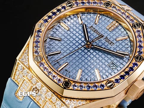 Audemars Piguet 愛彼 AP錶 Royal Oak 皇家橡樹 15551OR.ZS.D344CR.01 原廠鑲滿漸層藍色藍寶石錶圈 水藍色Grande Tapisserie格紋錶盤 原廠鑲嵌鑽石錶殼&nbsp;2025年保卡&nbsp;自動上鍊 37mm