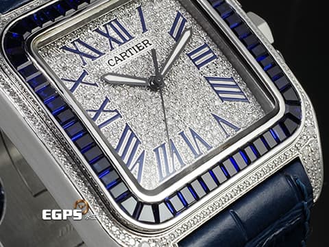 CARTIER 卡地亞 Santos 100 山度士 大型 經典 不鏽鋼材質   精鑲藍色寶石錶圈 精鑲真鑽漫天星面盤、錶殼&nbsp;自動上鍊 41mm