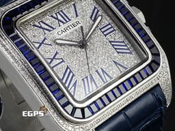CARTIER 卡地亞 Santos 100 山度士 大型 經典 不鏽鋼材質  <font color="#0582f5"> 精鑲藍色寶石錶圈</font><font color="#FF0000"> </font><font color="#05f0f0">精鑲真鑽漫天星面盤、錶殼</font>&nbsp;自動上鍊 41mm