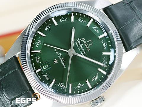 OMEGA 歐米茄 Constellation 星座 Globemaster Annual Calendar 系列&nbsp;&nbsp;13033412210001「Pie Pan Dial 多邊型立體綠色錶盤」碳化鎢材質外圈&nbsp;年曆錶&nbsp;不鏽鋼&nbsp;2022年台灣公司貨&nbsp;同軸擒縱&nbsp;自動上鏈 41mm