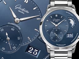 Glashutte Original 格拉蘇蒂 Pano Matic Lunar 偏心系列 1-90-02-46-32-71 <font color="#0080FF">藍色面盤</font> 月相盈虧 大日期窗 小秒針 不鏽鋼 <font color="#ff0000">德國腕��工藝 招牌雙鵝頸、3/4夾板、偏心面盤 2024年台灣公司貨</font> 自動上鍊 40mm