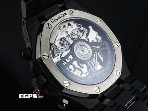 Audemars Piguet 愛彼 AP錶 Royal Oak Chronograph 皇家橡樹 26240CE.OO.1225CE.02 黑色陶瓷材質 黑色錶面鐫刻「Grande Tapisserie」大型格紋面盤 玫瑰金色調指針、時標&nbsp;飛返計時腕錶&nbsp;2026年保卡&nbsp;自動上鍊&nbsp;41mm