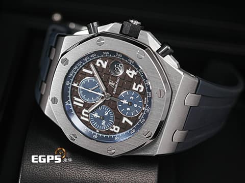 Audemars Piguet 愛彼 AP錶 Royal Oak Offshore 皇家橡樹 離岸型 26470ST.00.A099CR.01 深棕色超大型格紋面盤搭配藍色計時圈&nbsp;不鏽鋼 計時碼錶&nbsp;2018年保卡 自動上鍊 42mm