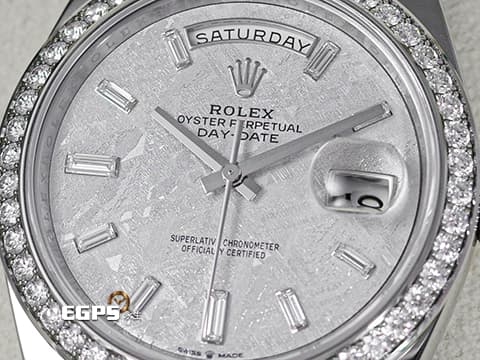 ROLEX 勞力士 DayDate 40 蠔式 星期日曆型 228349RBR Met Meteorite 隕石面盤 梯鑽時標&nbsp;原廠鑽圈 228349RBR 經典 DD40 18K白金材質&nbsp;2026年保單 元首型（President）錶帶 總統帶&nbsp;自動上鍊&nbsp;40mm