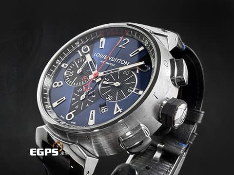 LOUIS VUITTON 路易威登 Tambour系列 Blue Chronograph Q102V0 法式頂級時尚與硬核機械工藝品 側面鐫刻 LOUIS VUITTON 字母 金屬藍黑色大型V字面盤&nbsp;計時碼錶 自動上鍊 44mm