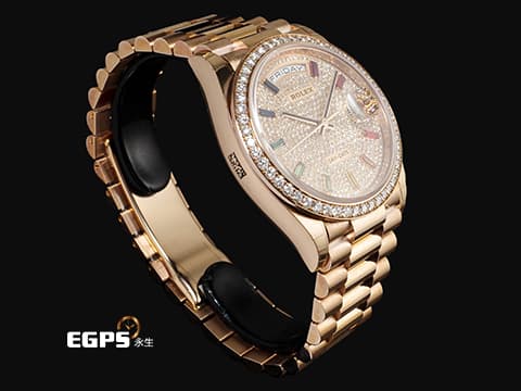ROLEX 勞力士 DAYDATE 36 星期日曆型 128345RBR 18K永恆玫瑰金材質 停產絕版款&nbsp;原鑲滿天星鑽石面盤、鑽石錶圈&nbsp;彩虹漸變色寶石時標&nbsp;2020年新式保卡 保有原廠膠膜 珍藏未使用品&nbsp;自動上鏈 36mm