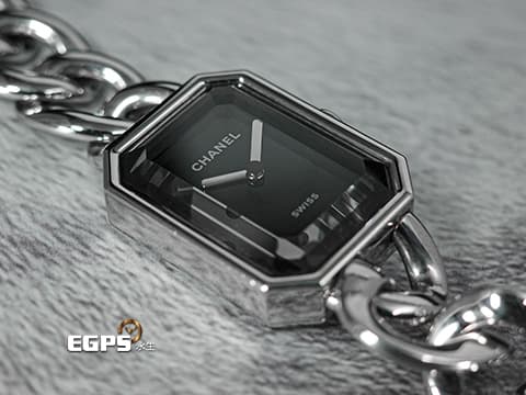 CHANEL 香奈兒 Premiere Gomette Chain 系列 H7018 大型款 黑面 不鏽鋼材質 鑲嵌凸圓形切割縞瑪瑙錶冠 2025年台灣公司貨 石英機芯 26.1x20mm