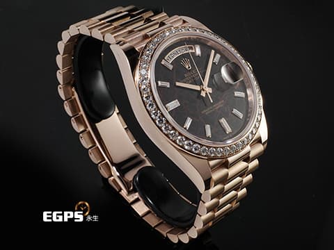 ROLEX 勞力士 Day-Date 40 蠔式 星期日曆型 228345 永恆玫瑰金 228345RBR 稀有赤鐵石英面盤【熔岩巧克力】 原廠鑲嵌梯鑽時標、鑽石錶圈 2021年新式保卡 自動上鍊 40mm