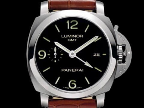 PANERAI 沛納海 Luminor 1950 GMT PAM320 三日鍊 兩地時區 經典黑色三明治面盤 棕色鱷魚紋皮革錶帶&nbsp;經典黑色三明治面盤 自動上鍊 44mm