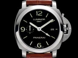 PANERAI 沛納海 Luminor 1950 GMT PAM320 三日鍊 兩地時區 <font color="#ff0000">經典黑色三明治面盤 棕色鱷魚紋皮革錶帶</font><font color="#892f2f">&nbsp;</font>經典黑色三明治面盤 自動上鍊 44mm