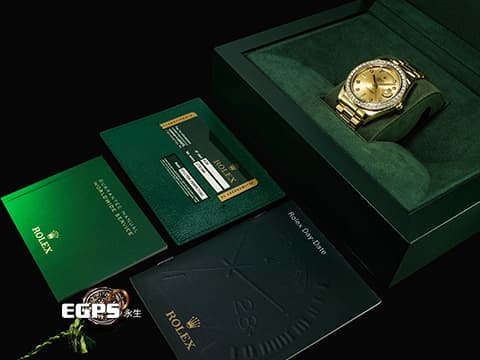 ROLEX 勞力士 DAY-DATE 40 DD40 蠔式 星期日曆型 218348 18K黃金材質 原廠鑲嵌鑽石錶圈、時標 香檳金色面盤&nbsp;2015年保卡 台灣公司貨 自動上鏈 40mm