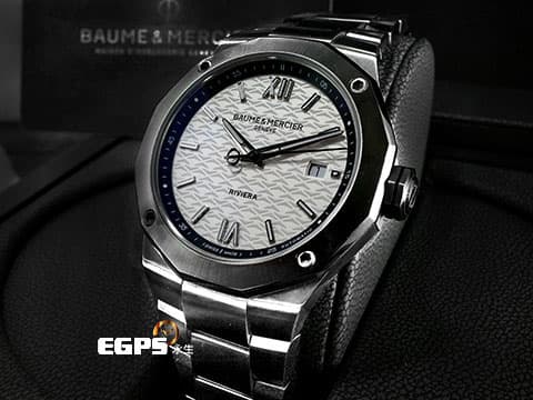 BAUME &amp; MERCIER 名士 Riviera M0A10829 Super-LumiNova 夜光塗層&nbsp;純白色波浪紋錶盤&nbsp;&nbsp;2025年保卡 快拆功能系統&nbsp;自動上鏈 42mm