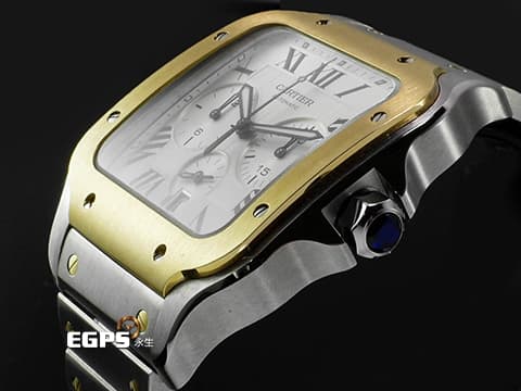 CARTIER 卡地亞 Santos 100 de Cartier 山度士 W2SA0008 大型款 18K黃金材質 半金款&nbsp;「SmartLink」快拆式錶帶 磨砂鍍銀錶盤 計時功能&nbsp;2025年保卡  自動上鍊 44.9mm