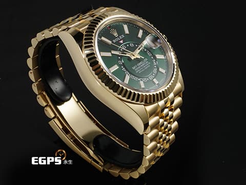 ROLEX 勞力士 Sky-Dweller 336938 天行者 18K黃金材質 年曆錶 2025年最新款式 亮綠色面盤天行者&nbsp;紀念型（Jubilee）五銖錶帶 自動上鍊  42mm