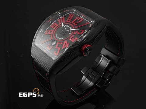 FRANCK MULLER 法蘭穆勒 Vanguard系列 V45 SC DT 黑面拉絲面盤 紅色立體時標 碳纖維材質  2020年保單 台灣公司貨  酒桶型 自動上鍊 44x54mm