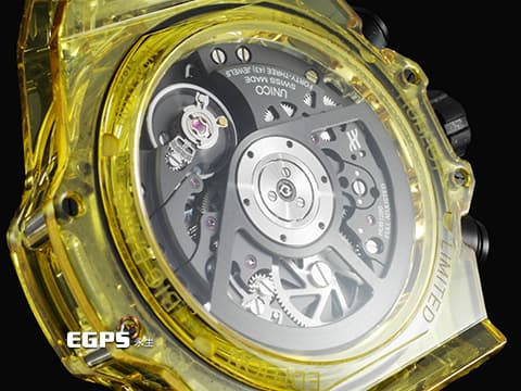 Hublot 宇舶 BIG BANG Unico 大爆炸 三日鍊 飛返計時碼錶 441.JY.4909.RT 黃色拋光藍寶石水晶材質錶殼 原廠特殊水晶材質錶盒 鏤空面盤 2021年保卡 限量100支 新錶訂價：3,270,000元&nbsp;自動上鍊 42mm