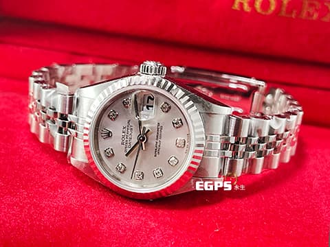 ROLEX 勞力士 Datejust 79174 銀灰色面盤 原廠鑽石時標 18K白金三角坑紋圈 904L不鏽鋼材質&nbsp;&nbsp;自動上鍊蠔式女錶 26mm