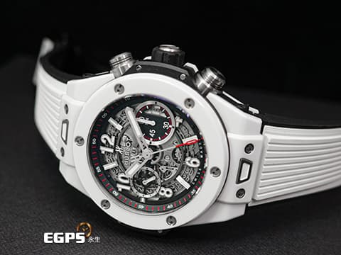 HUBLOT 宇舶 Big Bang Unico 45 White Ceramic 大爆炸 411.HX.1170.RX 白陶瓷&nbsp;&nbsp;鏤空面盤 三日鍊 飛返 計時碼錶&nbsp;2019年台灣公司貨&nbsp;自動上鍊 45mm