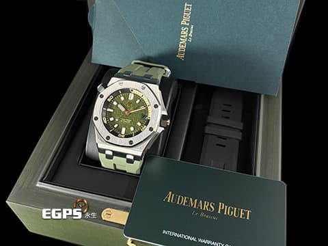 Audemars Piguet 愛彼 AP錶 Royal Oak Offshore Diver 皇家橡樹 離岸型&nbsp; 15720ST.OO.A052CA.01 軍綠色「Méga Tapisserie」超大型格紋面盤 ROO&nbsp;不鏽鋼 潛水錶&nbsp;2024年保單 錶帶快拆系統&nbsp;15720 ST 自動上鍊&nbsp;42mm