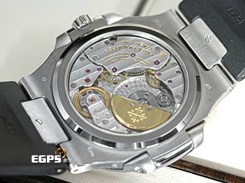 Patek Philippe 百達翡麗 PP錶 Nautilus Moonphase 金鷹 鸚鵡螺 5712G 小秒針 動能顯示 月相盈虧 5712 G 搭配Rubber B黑色橡膠錶帶 18K白金 一代經典 絕版日內瓦印記機芯 自動上鍊 43x38mm