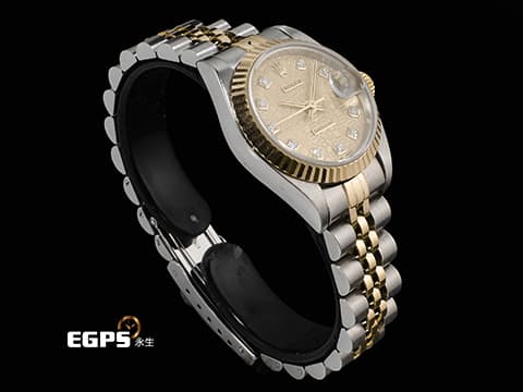 ROLEX 勞力士 Lady DateJust 179173G 蠔式日誌型&nbsp;DJ26 經典三角坑紋錶圈 半金款 18K黃金材質 原廠鑲嵌鑽石時標 金色紀念型面盤 自動上鍊 26mm