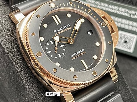 PANERAI 沛納海 Submersible PAM1164 三日鍊 玫瑰金 複合式材質錶殼 Goldtech玫瑰金材質、黑色陶瓷錶圈，小沛潛水錶款稀有的適合亞州人手腕的44mm黃金尺寸，2022年保單 自動上鍊 44mm