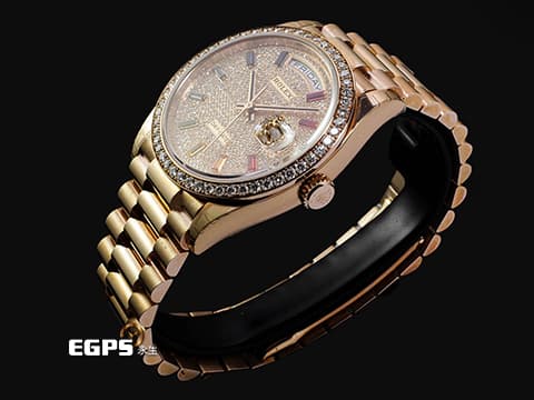 ROLEX 勞力士 DAYDATE 36 星期日曆型 128345RBR 18K永恆玫瑰金材質 停產絕版款&nbsp;原鑲滿天星鑽石面盤、鑽石錶圈&nbsp;彩虹漸變色寶石時標&nbsp;2020年新式保卡 保有原廠膠膜 珍藏未使用品&nbsp;自動上鏈 36mm
