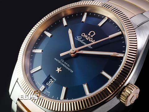 OMEGA 歐米茄 Globemaster 星座系列 13020392103001 18K玫瑰金&amp;不鏽鋼材質 半金款 太陽線紋磨砂藍色面盤 2024年保卡 台灣公司貨 同軸擒縱 自動上鏈 39mm