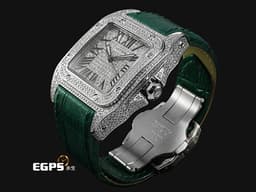 CARTIER 卡地亞 Santos 100 山度士 中型 <font color="#05f0f0">精鑲滿天星鑽石面盤、鑲鑽錶圈</font>&nbsp;<font color="#7cc473">綠色客製化皮革錶帶</font> 自動上鍊 36mm