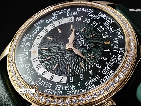 Patek philippe 百達翡麗 PP錶 Complications 複雜功能時計 World Time 世界時區 7130R-014 18K玫瑰金材質&nbsp;&nbsp;原廠鑲嵌89顆鑽石（1.09 克拉）錶圈、錶扣&nbsp;綠色手工雕紋面盤 2025年保單 新錶訂價：2,038,000元 自動上鍊 36mm