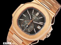 Patek Philippe 百達翡麗 PP錶 Nautilus Chronograph 金鷹 鸚鵡螺 5980/1R-001 18K玫瑰金材質 鏈帶款 同軸計時碼錶 <font color="#fbf2d0">漸層橫條紋褐色面盤</font>&nbsp;<font color="#FF0000">PP印記 2020年保單</font>&nbsp;自動上鏈 40.5mm