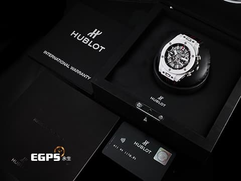 HUBLOT 宇舶 Big Bang Unico 45 White Ceramic 大爆炸 411.HX.1170.RX 白陶瓷&nbsp;&nbsp;鏤空面盤 三日鍊 飛返 計時碼錶&nbsp;2019年台灣公司貨&nbsp;自動上鍊 45mm