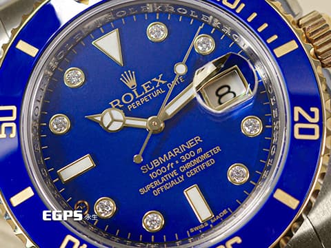 ROLEX 勞力士 Submariner Date 潛航者 116613LB 藍水鬼&nbsp;原廠鑽石時標 絕版藍色漆面盤&nbsp;陶瓷外圈 潛水錶 18K黃金 半金款 116613 LB 自動上鍊 40mm